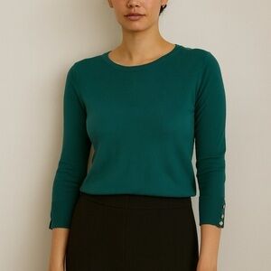 Madison Grey Emerald Green Sweater 3/4 Sleeve Button Detail Size PM